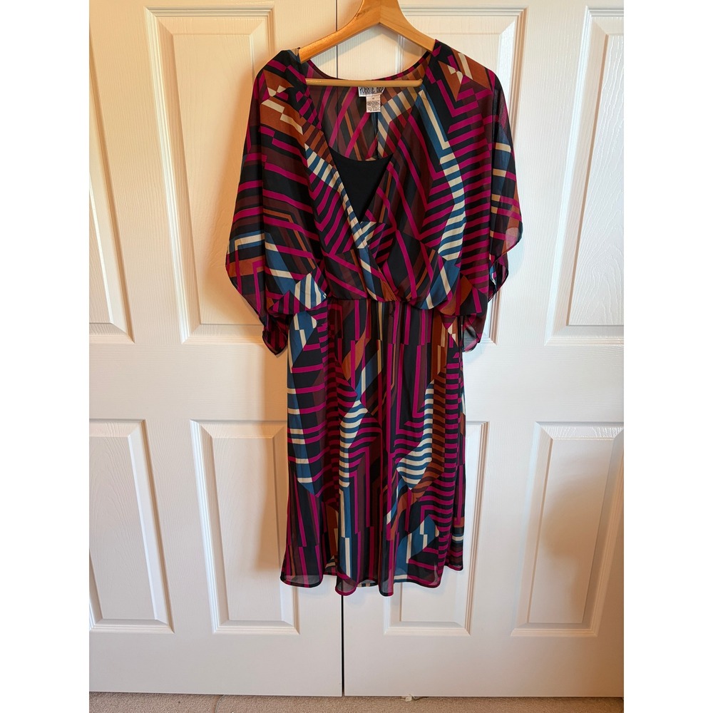 Vintage Robbie Bee 80s Geometric Abstract Print Flutter Sleeve Midi Dress 14